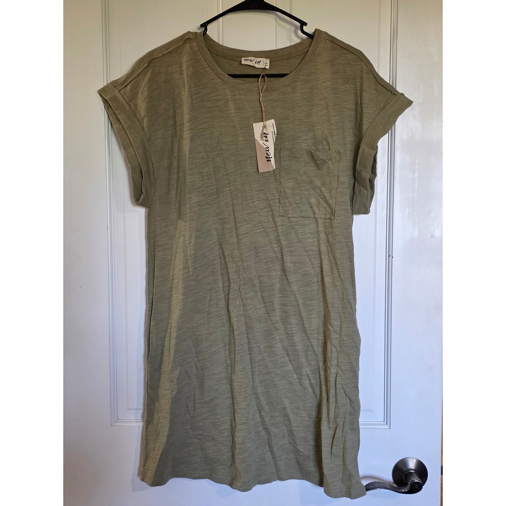 Love Riche New In Women Olive Green Slub Knit Pocket T-Shirt Dress Large ND30004